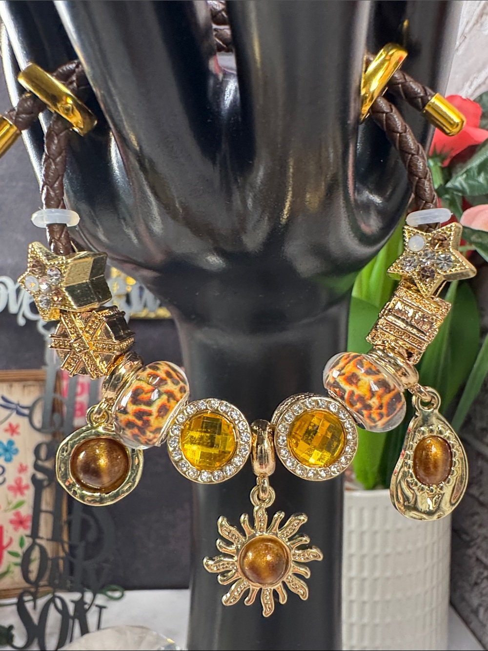 Gold-Tone Sun & Gemstone Charm Bracelet - Brown/Amber